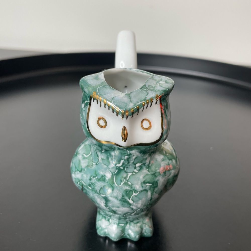 Karlovy Vary Porcelain Owl Sipping Cup Hand Painted Original Marbled teal gold